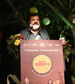 The Minister of State for Petroleum and Natural Gas & Tourism, Shri Suresh Gopi addressing the gathering at the Kaveri Meets Ganga (Cultural Event) presented by Amrit Parampara at CCRT, Dwarka in New Delhi on November 04, 2024.