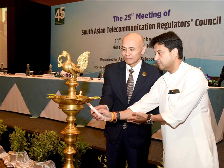 The Union Minister of Communications and Development of North Eastern Region (DoNER), Shri Jyotiraditya M. Scindia lighting the lamp at the inauguration of the 25th Meeting of the South Asian Telecommunication Regulators Council (SATRC-25), in New Delhi on November 11, 2024.