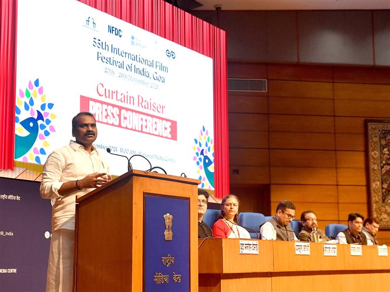 The Minister of State for Information and Broadcasting and Parliamentary Affairs, Dr. L. Murugan addressing at the Curtain Raiser Press Conference on International Film Festival of India 2024 at National Media Centre, in New Delhi on November 11, 2024.