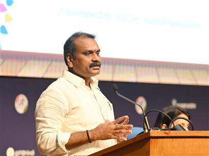 The Minister of State for Information and Broadcasting and Parliamentary Affairs, Dr. L. Murugan addressing at the Curtain Raiser Press Conference on International Film Festival of India 2024 at National Media Centre, in New Delhi on November 11, 2024.