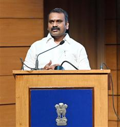The Minister of State for Information and Broadcasting and Parliamentary Affairs, Dr. L. Murugan addressing at the Curtain Raiser Press Conference on International Film Festival of India 2024 at National Media Centre, in New Delhi on November 11, 2024.