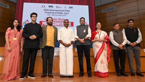The Minister of State for Information and Broadcasting and Parliamentary Affairs, Dr. L. Murugan in a group photograph during the Curtain Raiser Press Conference on International Film Festival of India 2024 at National Media Centre, in New Delhi on November 11, 2024.