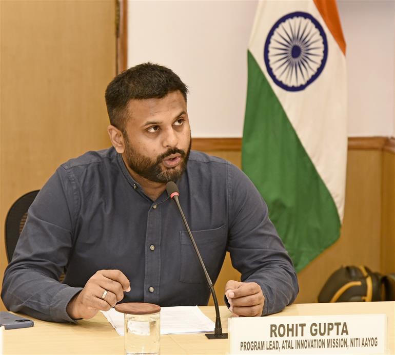 Program Lead, Atal Innovation Mission, NITI Aayog, Mr. Rohit Gupta briefing with media during the Community Innovator Fellows Felicitation event, in New Delhi on November 19, 2024.
