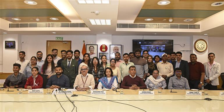 Mission Director, Atal Innovation Mission, NITI Aayog, Dr. Chintan Vaishnav in a group photograph during the Community Innovator Fellows Felicitation event, in New Delhi on November 19, 2024.