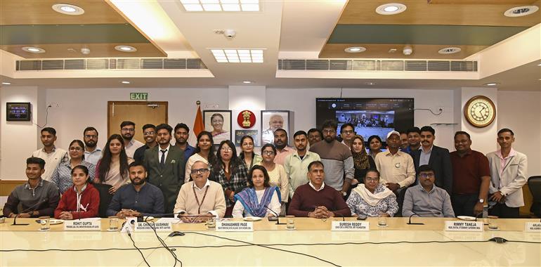 Mission Director, Atal Innovation Mission, NITI Aayog, Dr. Chintan Vaishnav in a group photograph during the Community Innovator Fellows Felicitation event, in New Delhi on November 19, 2024.