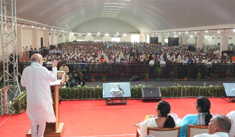 The Union Minister for Home Affairs and Cooperation, Shri Amit Shah addressing the gathering at the inauguration of a state-of-the-art animal feed plant with a production capacity of 800 metric tons at Himatnagar, Sabarkantha, in Gujarat on November 19, 2024.