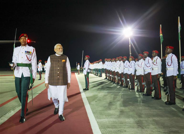 PM receives a ceremonial welcome on his arrival at Georgetown, in Guyana on November 20, 2024.