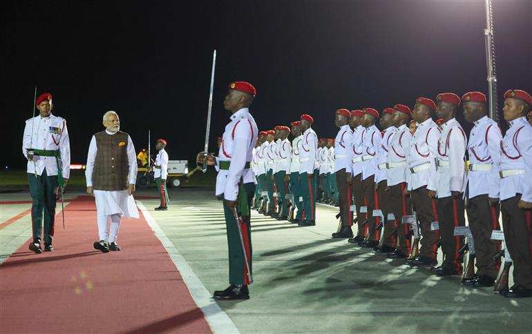 PM receives a ceremonial welcome on his arrival at Georgetown, in Guyana on November 20, 2024.