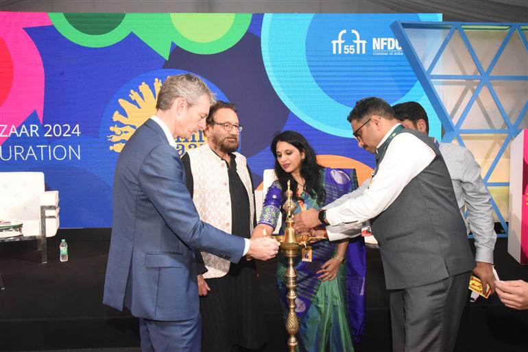 The Secretary, Ministry of Information & Broadcasting, Sh. Sanjay Jaju lighting the lamp along with the Sh.Shekhar Kapur, Festival Director of 55th IFFI, Sh  Prithul Kumar, Joint Secretary (Broadcasting-II), Ministry of I&B and MD, NFDC, Smt Vrunda Manohar Desai, Joint Secretary (Films), Ministry of I&B, and Nicholas McCaffrey, Deputy High Commissioner of Australia to India at the inauguration of Film Bazaar, in Goa on November 20, 2024.