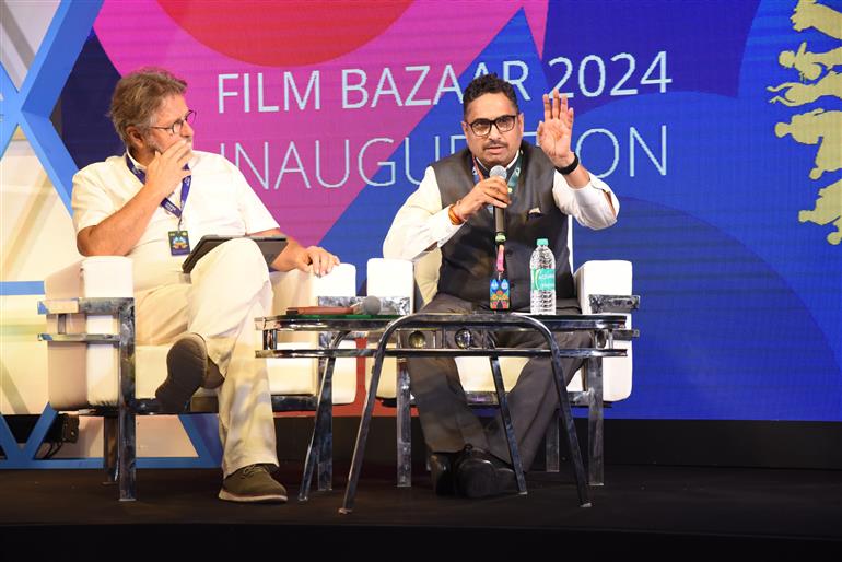 Jerome Paillard, Advisor Film Bazaar is all ears to Secretary, Ministry of Information & Broadcasting, Sh. Sanjay Jaju, in Goa on November 20, 2024.