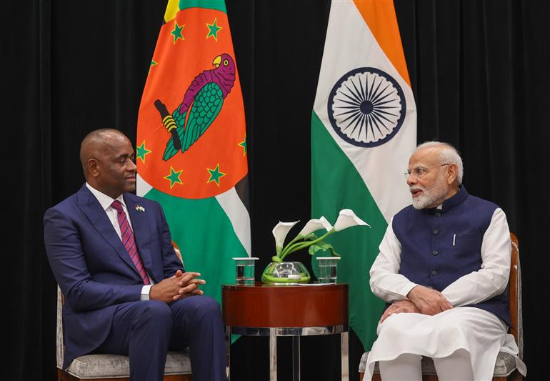 PM in a bilateral meeting with the Prime Minister of Dominica, Mr. Roosevelt Skerrit at Georgetown, in Guyana on November 20, 2024.