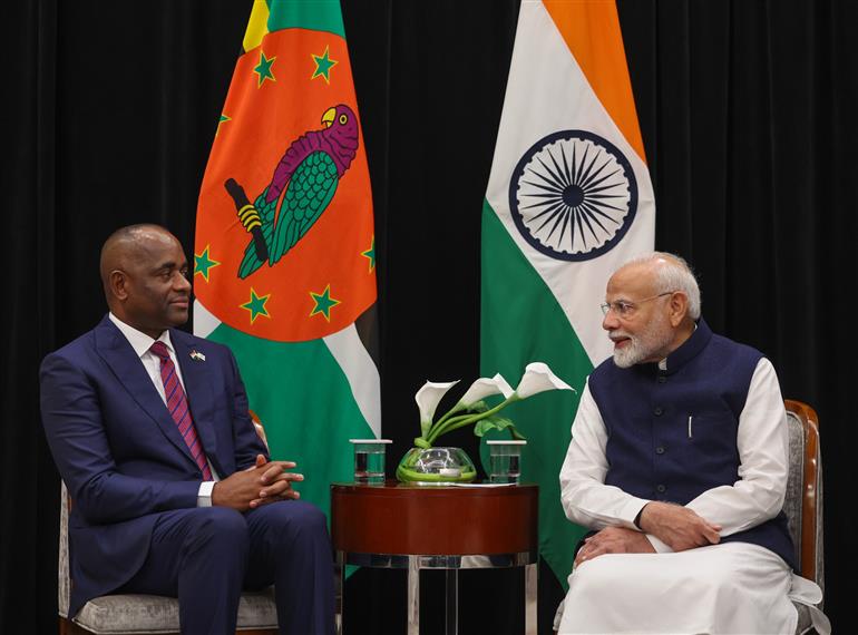 PM in a bilateral meeting with the Prime Minister of Dominica, Mr. Roosevelt Skerrit at Georgetown, in Guyana on November 20, 2024.