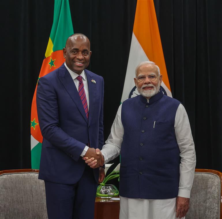 PM in a bilateral meeting with the Prime Minister of Dominica, Mr. Roosevelt Skerrit at Georgetown, in Guyana on November 20, 2024.