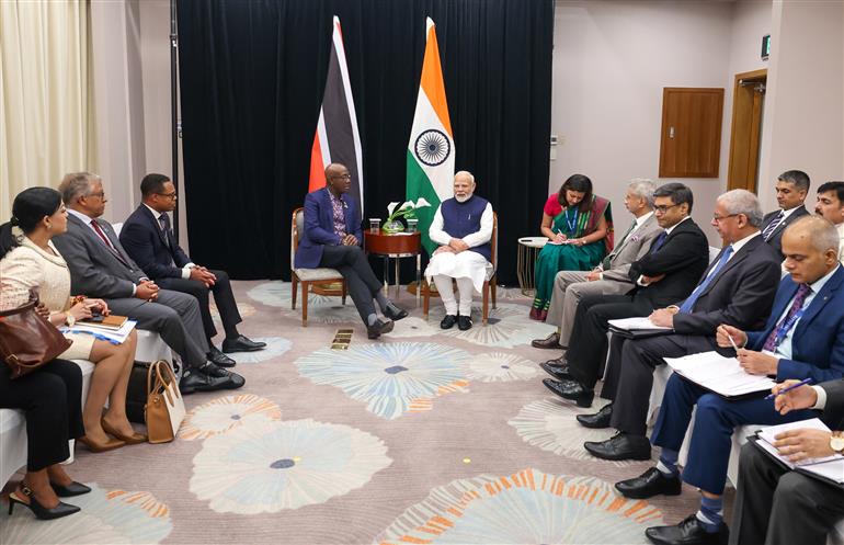 PM in a bilateral meeting with the Prime Minister of Trinidad & Tobago, Mr. Keith Rowley at Georgetown, in Guyana on November 20, 2024.