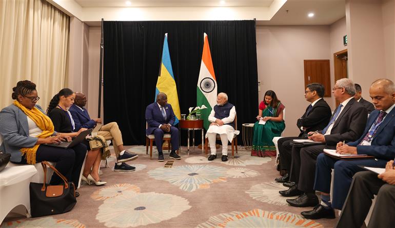 PM in a bilateral meeting with the Prime Minister of Bahamas, Mr. Philip Davis at Georgetown, in Guyana on November 20, 2024.