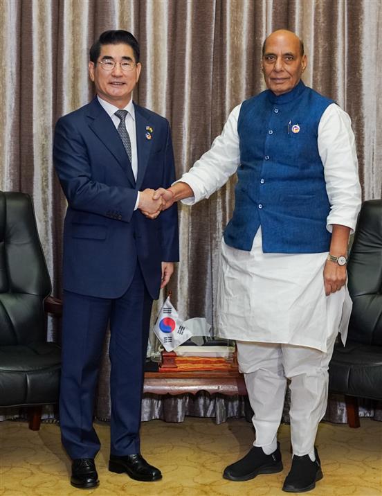 The Union Minister for Defence, Shri Rajnath Singh meets Minister of National Defence, Republic of Korea Mr Kim Yong Hyun on the sidelines of 11th ASEAN Defence Ministers’ Meeting (ADMM)-Plus at Vientiane, in Lao PDR on November 21, 2024.