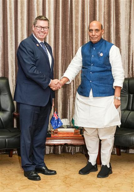 The Union Minister for Defence, Shri Rajnath Singh meets the Minister for Defence Industry & Capability Delivery of Australia, Mr Pat Conroy on the sidelines of 11th ASEAN Defence Ministers’ Meeting (ADMM)-Plus at Vientiane, in Lao PDR on November 21, 2024.