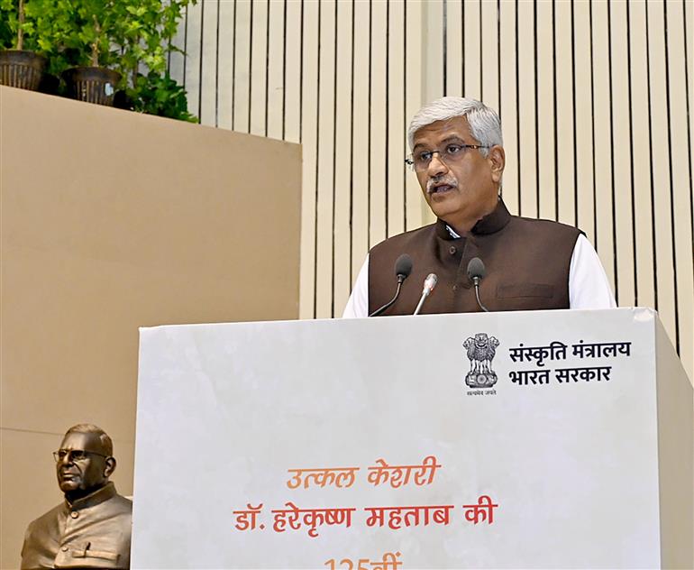 The Union Minister of Culture and Tourism, Shri Gajendra Singh Shekhawat addressing at the 125th Birth Anniversary Celebration of Utkal Keshari Dr Harekrushna Mahtab, in New Delhi on November 21, 2024.