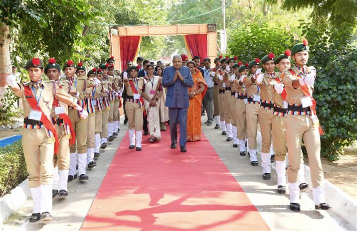 The Vice President of India, Shri Jagdeep Dhankhar at World Children’s Day celebrations at PM SHRI Jawahar Navodaya Vidyalaya (JNV) at Kajra, in Jhunjhunu, Rajasthan on November 20, 2024.