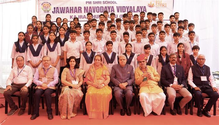 The Vice President of India, Shri Jagdeep Dhankhar at World Children’s Day celebrations at PM SHRI Jawahar Navodaya Vidyalaya (JNV) at Kajra, in Jhunjhunu, Rajasthan on November 20, 2024.