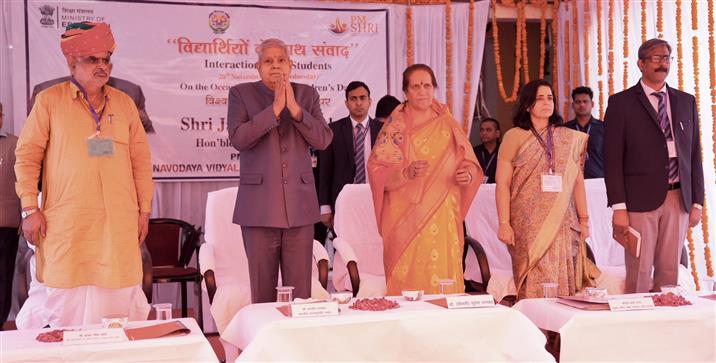 The Vice President of India, Shri Jagdeep Dhankhar at World Children’s Day celebrations at PM SHRI Jawahar Navodaya Vidyalaya (JNV) at Kajra, in Jhunjhunu, Rajasthan on November 20, 2024.