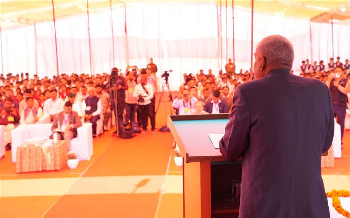 The Vice President of India, Shri Jagdeep Dhankhar addressing the students and faculty members of Jawahar Navodaya Vidyalaya (JNV) at Kajra, in Jhunjhunu, Rajasthan on November 20, 2024.