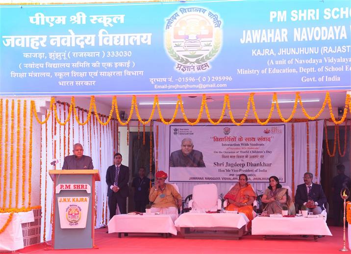 The Vice President of India, Shri Jagdeep Dhankhar addressing the students and faculty members of Jawahar Navodaya Vidyalaya (JNV) at Kajra, in Jhunjhunu, Rajasthan on November 20, 2024.