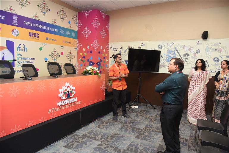 The Principal Director General, PIB, Shri Dhirendra Ojha along with the Director General, PIB West Zone, Smt. Smita Vats Sharma inspecting the preparations of PIB for 55th IFFI, in Goa on November 21, 2024.