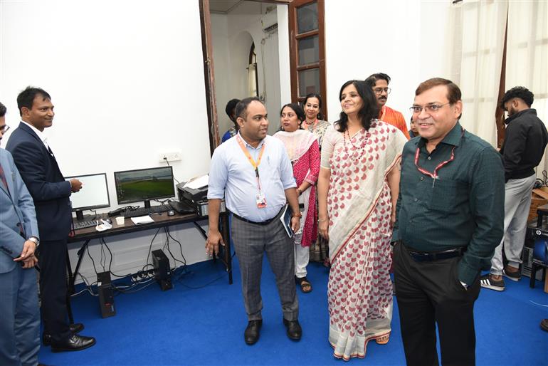 The Principal Director General, PIB, Shri Dhirendra Ojha along with the Director General, PIB West Zone, Smt. Smita Vats Sharma inspecting the preparations of PIB for 55th IFFI, in Goa on November 21, 2024.