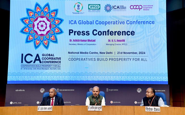 The Secretary, Ministry of Cooperation, Dr. Ashish Kumar Bhutani addressing at the Curtain Raiser Press Conference on International Cooperative Alliance’s (ICA) Global Cooperative Conference - 2024 at National Media Centre, in New Delhi on November 21, 2024.