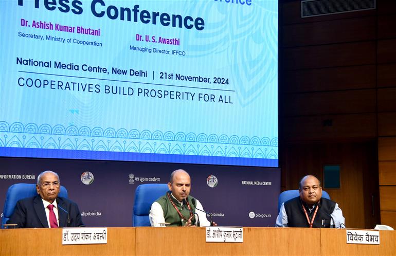 The Secretary, Ministry of Cooperation, Dr. Ashish Kumar Bhutani addressing at the Curtain Raiser Press Conference on International Cooperative Alliance’s (ICA) Global Cooperative Conference - 2024 at National Media Centre, in New Delhi on November 21, 2024.