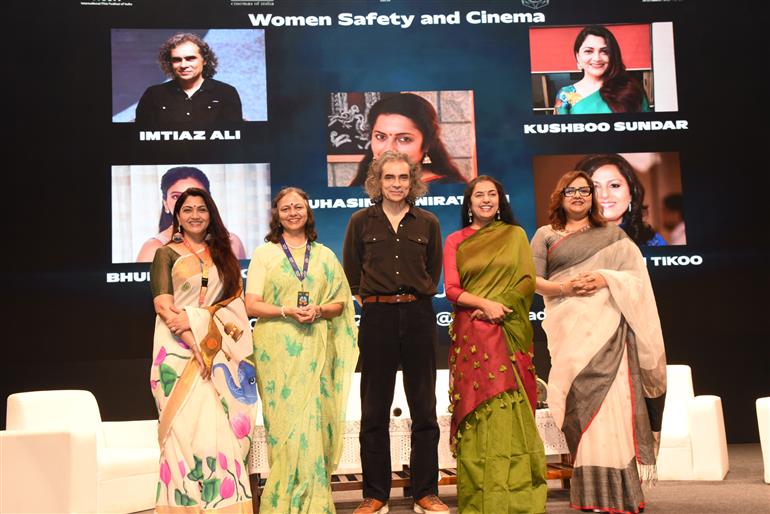 Smt Neerja Sekhar, Special Secretary of I&B Ministry with panel members of discussion on Women Safety and Cinema at 55th IFFI, in Goa on November 21, 2024.