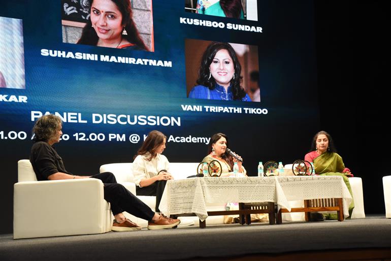 Imtiaz Ali, Suhasini Maniratnam, Kushboo Sundar and Bhumi Pednekar in Panel discussion on Women Safety and Cinema at Kala Academy at 55th IFFI, in Goa on November 21, 2024.