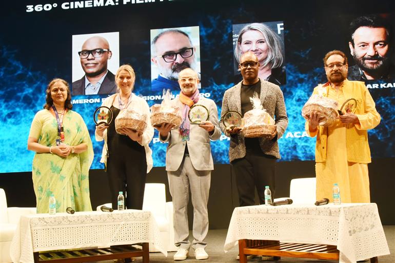 Smt Neerja Sekhar, Special Secretary of I&B Ministry with 360° Cinema: Film Festival Directors’ Round Table Speakers at 55th IFFI, in Goa on November 21, 2024.