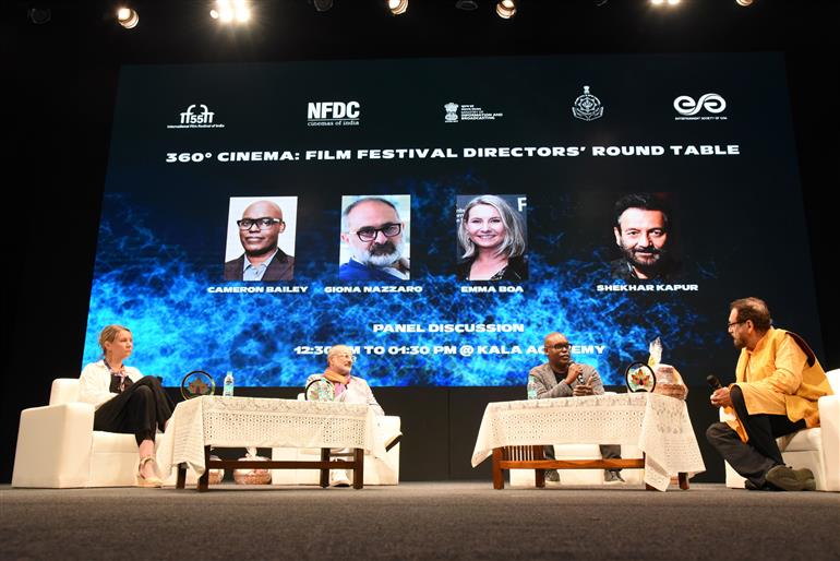 A glimpse from the panel discussion 360° Cinema: Film Festival Directors’ Round Table Speakers - Cameron Bailey, Giona A Nazzaro and Christian Jeune at 55th IFFI, in Goa on November 21, 2024.