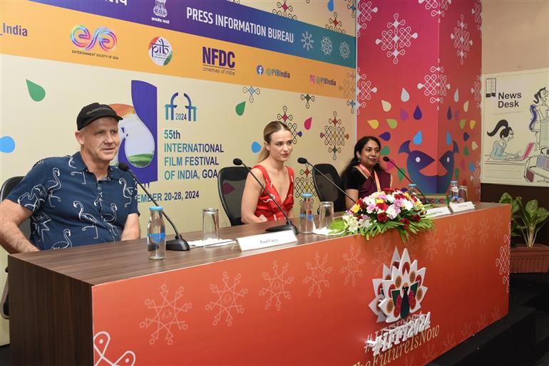 Producer Paul Currie and Actress Raechelle Banno addressing the media on opening of film ‘Better Man’ at 55th IFFI, in Goa on November 21, 2024.