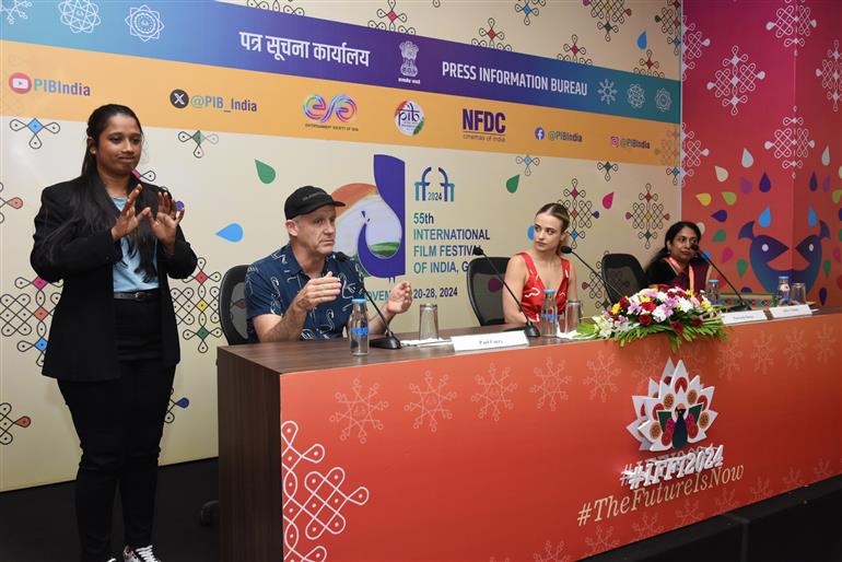 Producer Paul Currie and Actress Raechelle Banno addressing the media on opening of film ‘Better Man’ at 55th IFFI, in Goa on November 21, 2024.