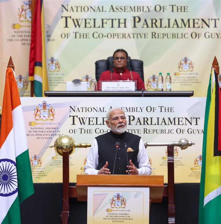 PM addressing the Special Session of the Parliament of Guyana at Georgetown, in Guyana on November 21, 2024.