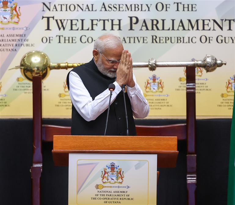 PM addressing the Special Session of the Parliament of Guyana at Georgetown, in Guyana on November 21, 2024.