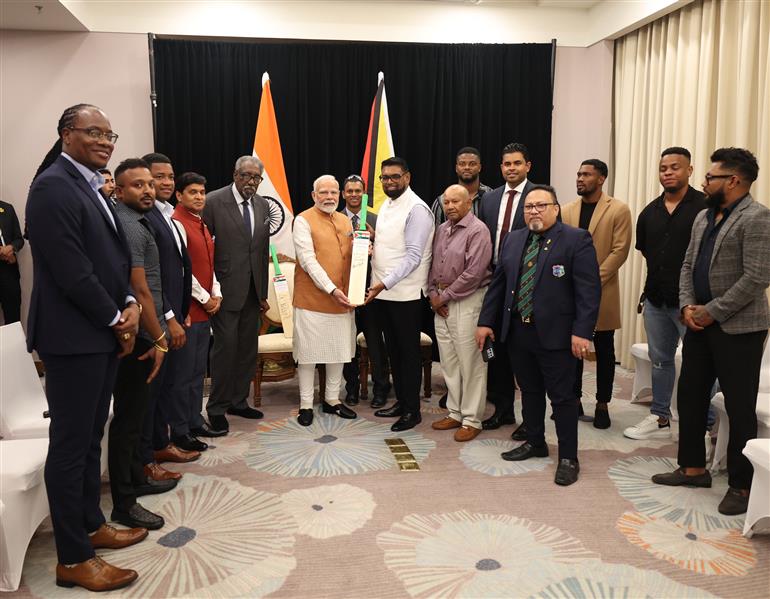 PM interaction with prominent cricketers of Guyana and the Caribbean region at Georgetown, in Guyana on November 21, 2024.