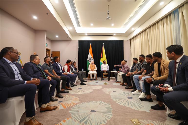 PM interaction with prominent cricketers of Guyana and the Caribbean region at Georgetown, in Guyana on November 21, 2024.