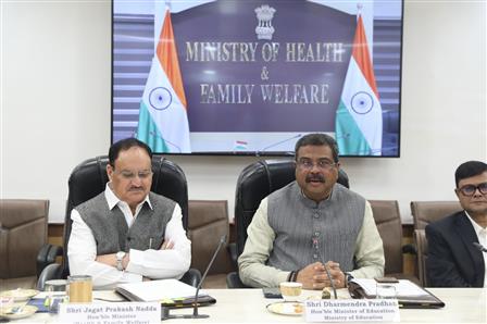 The Union Minister of Health and Family Welfare & Chemicals and Fertilizers, Shri Jagat Prakash Nadda and the Union Minister for Education, Shri Dharmendra Pradhan at signing ceremony of Ministry of Health and Family Welfare with Ministry of Education, in New Delhi on November 22, 2024.