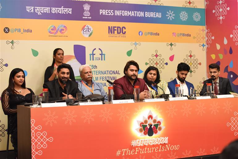 Cast and crew of ‘Gharat Ganpati’ and ‘Level Cross’ interacting with the Media at 55th IFFI, in Goa on November 22, 2024.