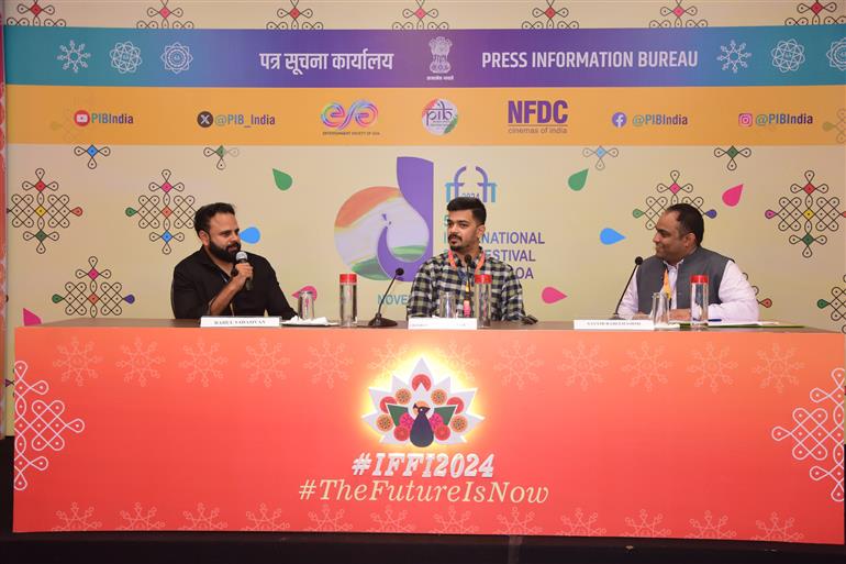 Rahul Sadasivan Director of “Bramayugam” addressing the Press Conference at 55th IFFI, in Goa on November 22, 2024.