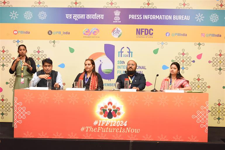 Press Conference Accessibility at 55th IFFI with panelists Shri Taha I. Haaziq Secretary, State Commission, PwD, Goa, Ms Vandana Boolchand, Head, Svayam, Shri Prithul Kumar, Joint Secretary Broadcasting, Ministry of Information and Broadcasting and Managing Director, NFDC, in Goa on November 22, 2024.