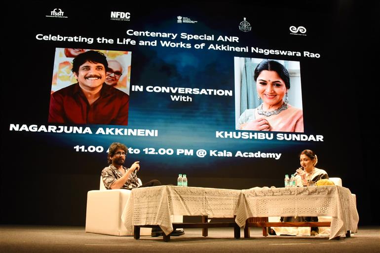 Shri Nagarjuna Akkineni in conversation with Smt Kushboo Sundar at 55th IFFI, in Goa on November 22, 2024.