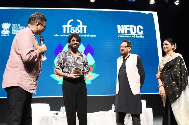 The Secretary, Shri Sanjay Jaju, Ministry of Information & Broadcasting, Shri Shekhar Kapur, Shri Nagarjuna Akkineni and Smt Kushboo Sundar at 55th IFFI, in Goa on November 22, 2024.
