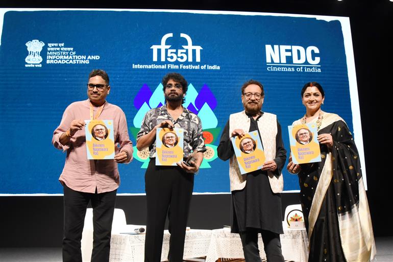 The Secretary, Shri Sanjay Jaju, Ministry of Information & Broadcasting, Shri Shekhar Kapur, Shri Nagarjuna Akkineni and Smt Kushboo Sundar at 55th IFFI, in Goa on November 22, 2024.