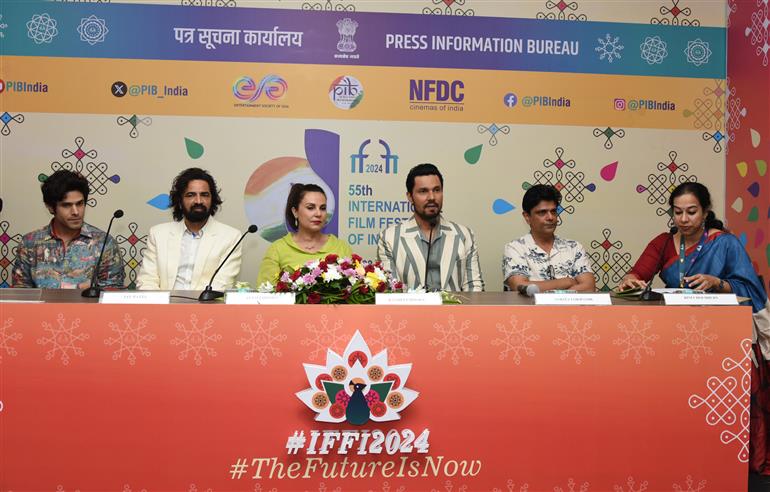 Cast and Crew from the Opening Feature Film at 55 IFFI ‘Swatantrya Veer Savarkar’ addresses the Media, in Goa on November 21, 2024.