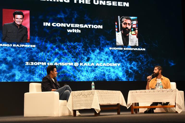 Shri Manoj Bajpayee and Shri Sudhir Srinivasan deliberates on ‘Mastering the Unseen’ at 55th IFFI, in Goa on November 21, 2024.